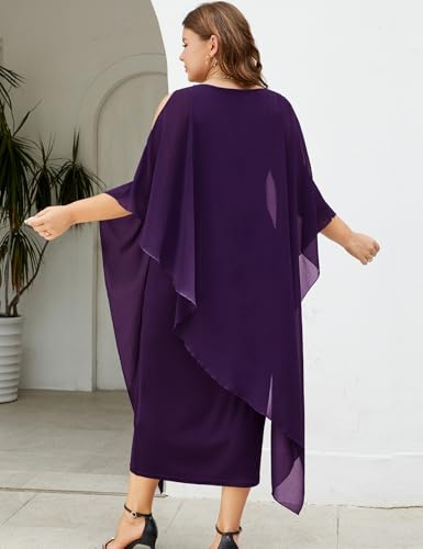 Image of ZOMVA Plus Size Elegant Formal Dress Long Cape Overlay Wedding Guest Formal Cocktail Mother of Bride Outfit, Dark Purple, 2X
