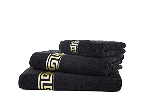 Arle-Living Luxus Medusa Serviette de Bain en Coton Jacquard avec Impression Medusa et Bordure dorée 100% Coton Noir 100 x 150 cm Cover