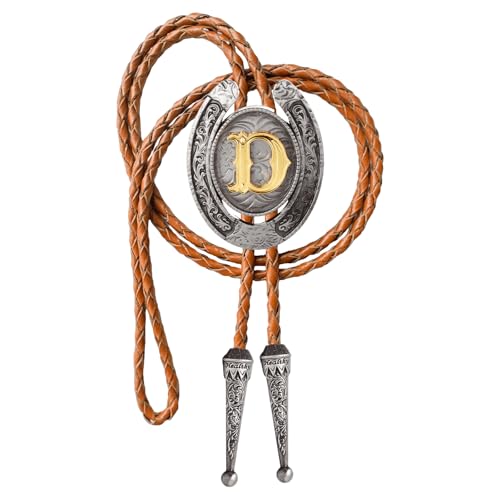 Image of Vintage Western Cowboy Monogram Initial Letter Bolo Tie for Men | Premium brown braided leather, adjustable sliding clasp, anti-tarnish alloy pendant, versatile A-Z western bolo tie