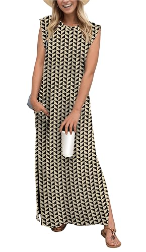 Image of GRECERELLE 2026 Women Year-Round Casual Round Neck Loose Split Wrinkle-Free Long Maxi Vacation Dress with Pockets (XXS-4XL)