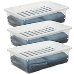 SIDSONS - 3x 32L Clear Plastic Underbed Storage Box with Lid - Space-Saving Nestable & Stackable Multi-Purpose Storage Boxes - Transparent Duvets & Clothes Organizer - Flat Storage Box with Clear Lid