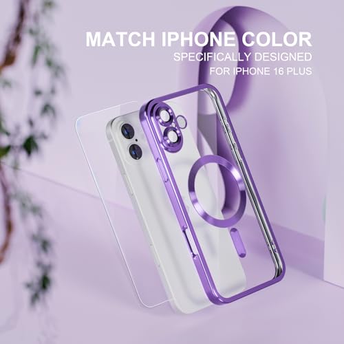 Image of Misea Magnetic for iPhone 16 Plus Case Compatible with MagSafe | [Never Yellowing] [Military Drop Protection] Full Camera Lens Protector Plating Soft Clear Phone Case for Women, Deep Purple
