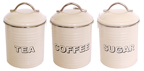 Thé Café et sucre Crème  Lot de 3 pots de rangement rétro en métal. Style Plus Londres Support à sachet Plat