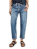 Flamingals Straight Leg Jeans for Women Mid Rise Casual Cropped Slim Fit Raw Hem Wash Detail Denim Pants Mid Blue XL