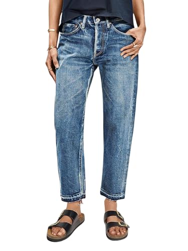 Flamingals Straight Leg Jeans for Women Mid Rise Casual Cropped Slim Fit Raw Hem Wash Detail Denim Pants