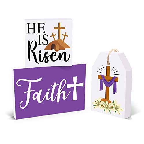 Huray Rayho Easter Tiered Tray Decorations Religious Wooden Signs He is Risen Tiered Tray Decor Faith Spring Holidays April Liliaceous Farmhouse Decor Purple Home Kitchen Signs Gift Ideas Set of 3