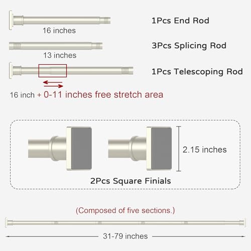 Image of UIOSANRT Brushed Nickel Shower Curtain Rod 31-79 Inches Non-Slip Shower Rod Tension Mounted No Drill Tension Shower Curtain Rods Spring Tension Rod for Windows Bathroom