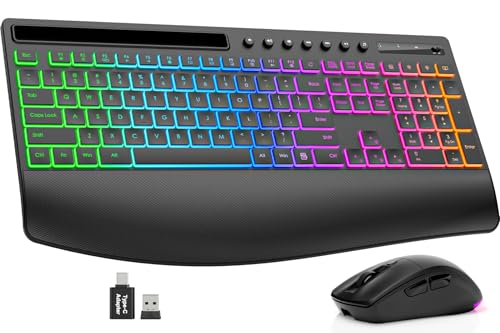 Trueque Wireless Keyboard and Mouse Combo, 4000mAh Rechargeable Backlit Keyboard with Wrist Rest & Phone Holder, Full Size Quiet Typing, 2.4G USB-A/Type-C for PC, Laptop, Windows, Chrome OS (Black)