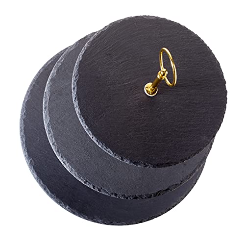 ECHTWERK EW-ET-1782G Etagere-/ Servier-Ablage für Gebäck, Obst, Käse und Dessert aus Naturschiefer mit 3 Ebenen und Metallgriff, Gold-Edition, Ø Schieferplatten ca. 20/25/ 30 cm, Steingut