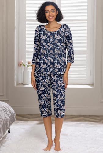 Image of PrinStory Womens Pajama Sets Capri Pjs Soft Lounge Sets XS-4XL