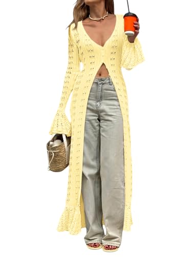 Saodimallsu Womens Crochet Long Cardigans Duster Button Up Bell Long Sleeve Ruffle 2026 Summer Boho Beach Cover Ups Yellow