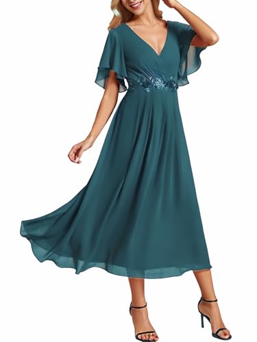 Ever-Pretty Women's V Neck Chiffon Formal Wedding Guest Dress Applique A-Line Maxi Mother of Bride Dresses Teal US10