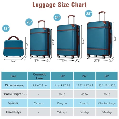 4 Piece Carry on Suitcases&Hard Shell Luggage Sets with Spinner Wheels,Cute Checked Luggage,Away luggage,Travel Luggage,Spinner Luggage with TSA Lock,Expandab&leLightweight ,12"/20"/24"/28" (Blue)2