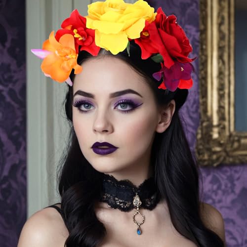Amabro Halloween Headbands, Floral Day of the Dead Headband Mexican Flower Rose Crown Headpiece Halloween Cosplay Party Headdress Costume Hair Wreath Decorations for Women Men - Image 3