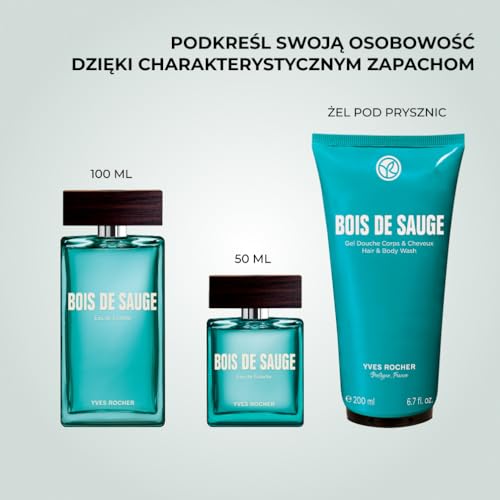 Yves Rocher Bois de Sauge – Szampon i żel pod prysznic 2 w 1 dla mężczyzn, intensywna świeżość szałwii, nuty drzewne gwajakowca i paczuli, produkt naturalny, 200 ml