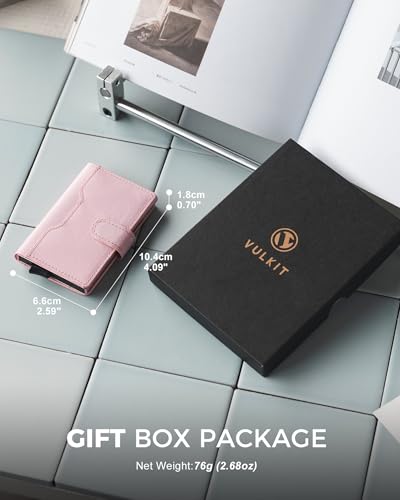 Image of VULKIT Slim Bifold Pop up Wallet Minimalist Leather Card Holder RFID Blocking Metal Card Case with ID Window for Women | with Leather Slots