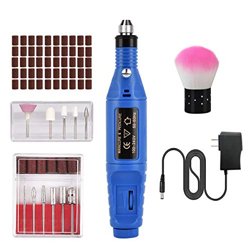 Portable Electric Nail File Set, USB Electric Nail Drill Manicure Kit, with 11 Changeable Drills and 50 Sanding Bands for Exfoliating, Grinding, Polishing, Nail Removing, Acrylic (1 set, Blue)