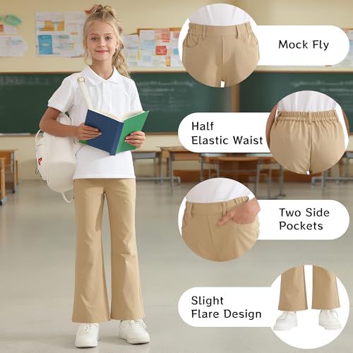 Image of Girls Flare Dress Pants, Bootcut School Uniform Slacks Size 6-15 Years | Half Elastic Waistband, Mock Fly, Belt Loops and Side Pockets for School Uniforms and Everyday Wear