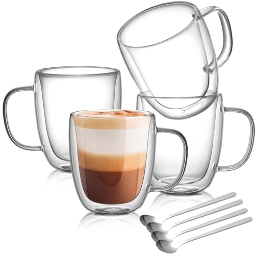 Jassceram Doppelwandige Glas-Kaffeetassen 4er Set, 420ml große Kapazität Gläser Becher mit 4 Löffel, Vakuum-Isolierglas mit Griff für Cappuccino...