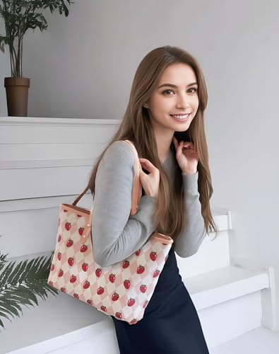 Image of ARREBOL Cute Strawberry Tote Bag Pu Leather Purse with Zipper for Women Travel, School