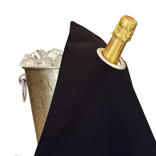 BOTTLECLOTHS - Classic Collection, Bottle Cloth with Metal Ring for Ice Buckets, Cotton, 42 cm, Corner Hole (Black with Silver Ring, Pack of 1)