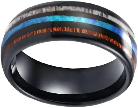 Black Opal Ring Mens Wedding Band with Deer Antler, Blue Opal, and Koa Wood Inlay 8mm Nature Ring, Tungsten and Wood Rings for Men