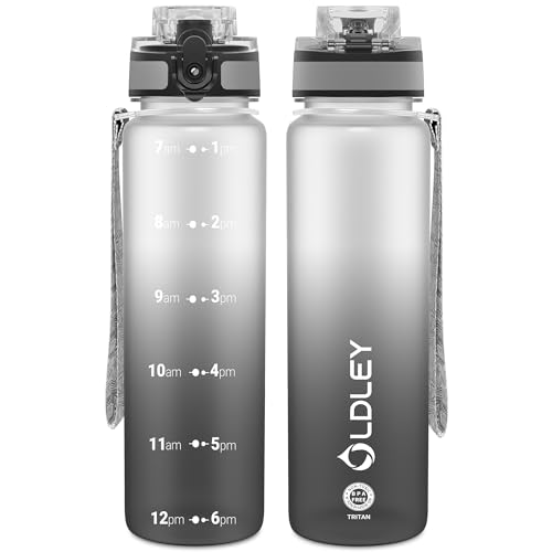 OLDLEY 32 oz Water Bottle, Motivational Water Bottle with Time Marker, Sports Water Bottle With Strap, Leakproof & BPA Free Large Water Bottles for School, Gym, Travel, Outdoor, Tritan,White&Black