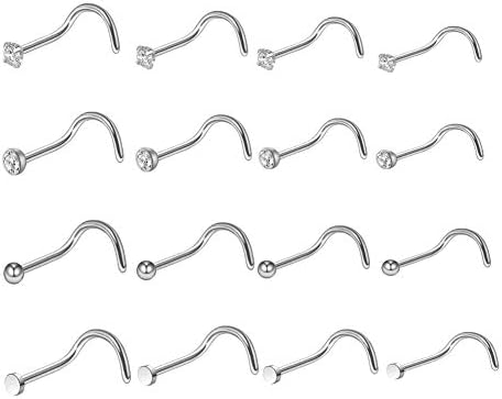 LuckyAmor 20G Nose Rings Stainless Steel Silver with CZ Studs Cartilage Body Piercing Jewelry (16PCS-Screw-Silver)