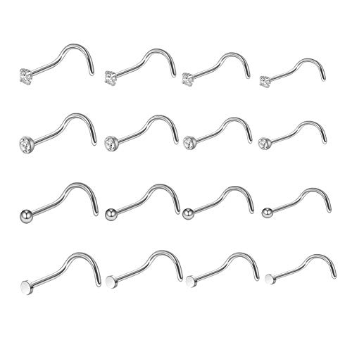 Luckyamor 20G Nose Rings Stainless Steel Silver With Cz Studs Cartilage Body Piercing Jewelry (16Pcs-Screw-Silver) #TOP14