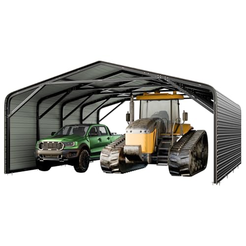 Image of 20x20ft Heavy Duty Metal Carport with 2-Sided Enclosure, 2-Car Garage with Galvanized Steel Roof and Reinforcement, 120lbs /Sq.Ft Snow /Wind Resistant, Ground Anchors, Fits Pickups, Trucks, RVs,Boats