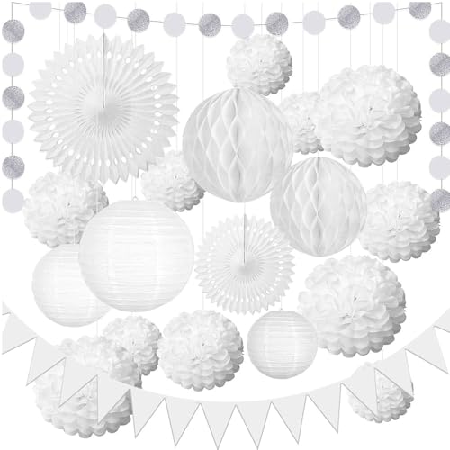 ANCLLO 20 pièces Ensemble de lanternes en Papier Blanc décoration de Mariage Blanc Suspendus Pompons Fleurs en nid d'abeille Boule Fanion bannière