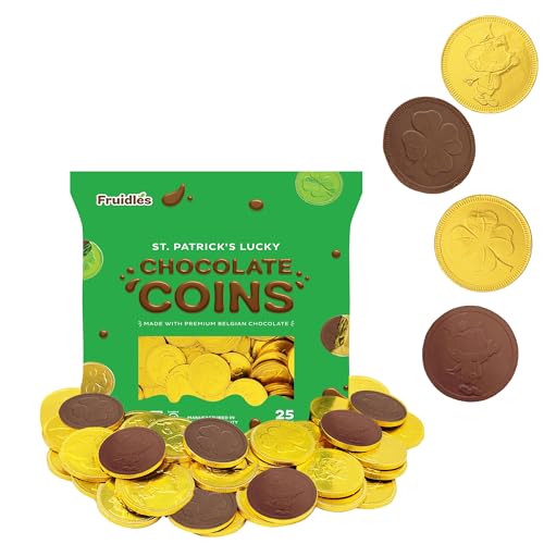 St. Patrick's Day 25 Milk Chocolate Coins Lucky Gold Coins Foils, Shamrock Clover Leprechaun Premium Belgian Milk Chocolate Coins Bag Nut-Free (25-Pack)