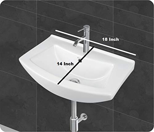 Image of Wash Basin Wall Hung Mounted Glossy Finish White Sink for Bathroom (18 x 14 x 6 Inch)