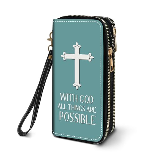 Women's Large Capacity Wallet PU Leather Double Zipper Clutch Purse Multifunctional Wallet with Removable Wristlet Strap for Phone/Coin/Card/Cash, Christian Cross with God All Things are Possible