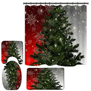 NEWSUYAA 4PCS Christmas Bathroom Decorations Sets Shower Curtain Toilet Seat Cover Rugs Sets Xmas Santa Claus Pine Tree Snowman Gnome Bathtub Decor (A1)