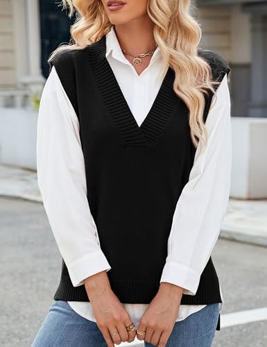 Zontroldy Women's 2025 Lightweight V-Neck Knit Sweater Vest Sleeveless Ribbed Casual Tank Top Spring Business Casual Pullover4