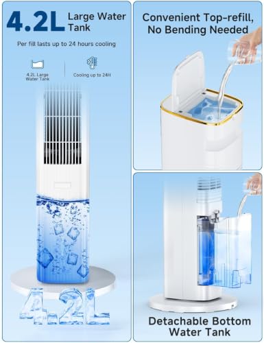 Image of HIFRESH 107CM Tower Fans w /Cooling, Memory & Aroma Function, Remote & Touch Screen, 4 Modes & 3 Speeds,15H Timer, 4.2L Dual Tanks, 6 Ice Pack, 22Ft Air Throw, Low Power Consumption Tower Fan for Room