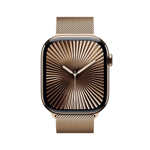 Image of Apple Watch Series 10 [GPS + Cellular 46 mm] Smartwatch with Gold Titanium Case with Gold Milanese Loop - S /M. Fitness Tracker, ECG App, Always-On Retina Display, Carbon Neutral