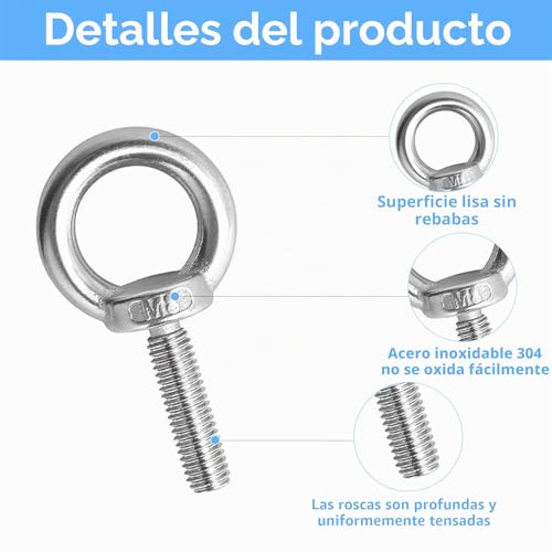 Miniatura 3 de 4 Piezas M8 Perno De Anillos De Elevación M8 X 30mm, Para Cáncamo Pernos De Ojo Tornillos De Acero Inoxidable 304 Argollas Con Rosca Para Fijación Y Suspensión, Con Tuercas Y Herrajes