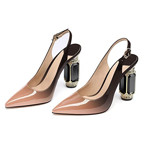 Image of JANSEVEN Women Chunky Heels Pumps Crystal Block Heels with Rhinestones Pointed Toe Sexy Gradient Patent Leather Slip on Bridal Party Wedding Dress Shoes 5-13 M US