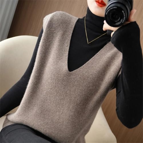 Generic 8S1027 Autumn Winter Women Knitted Cashmere Sweater Vest Korean Sleeveless V-Neck Pullover Female Vest Loose Tops Beige thumb #2