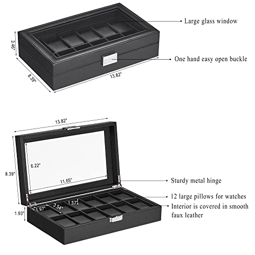 Bewishome Watch Box Organizer 12 Watch Case For Men Luxury Watch Display Case With Large Glass Window, Carbon Fiber Design, Black Ssh08C #TOP6