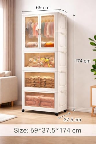 Image of Plastic Wardrobe for Cloths | 4 Layer Stackable Almirah with Hanging Rod, Transparent Doors, Wheels | Foldable Storage Cabinet Organizer for Clothes /Books /Toys