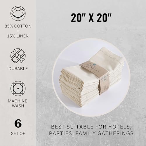 Image of FINGERCRAFT Table Napkins Hemstitched Cotton Linen Blend Fabric - Set of 6, 20x20 Inch, Cloth Napkins Durable & Elegant for Parties, Hotels, Everyday Use (Ivory Flax)