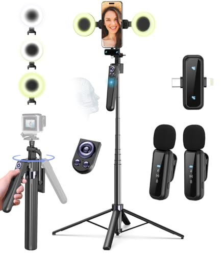 Vlogging Kit for iPhone/Android, 63” Auto Face Tracking Tripod for iPhone with Light, Wireless Microphones, Remote Control for TikTok, YouTube Starter Kit for Content Creator