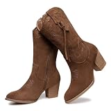 SHIBEVER Cowboy Cowgirl Boots for Women 2024: Brown Western Mid Calf Booties Country High Heel Suede Zipper Boots Size 9