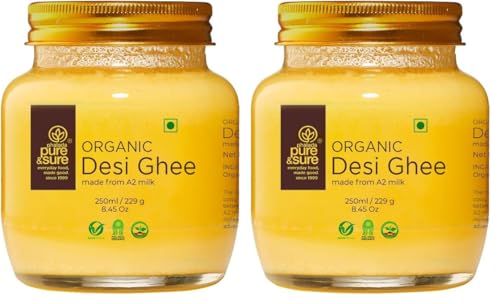 Image of Pure & Sure Organic A2 Desi Ghee 250 ML | 100% Pure Cow Ghee | Made by Traditional Bilona Method | Curd-Churned | Natural Immunity Booster & Other Benifits (Glass Jar) (Pack of 2)