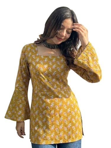 Image of ANNI Designer Women's Viscose Blend Printed Short Kurti | Straight Fit Casual Ethnic Top | Square Neck 3 /4 Sleeve Kurta Office College