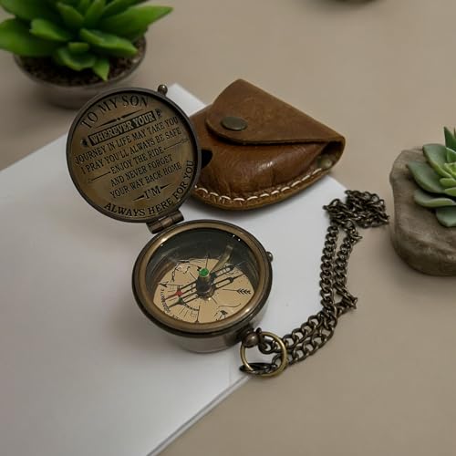 Brújula de latón antigua con cadena y estuche miniatura 3