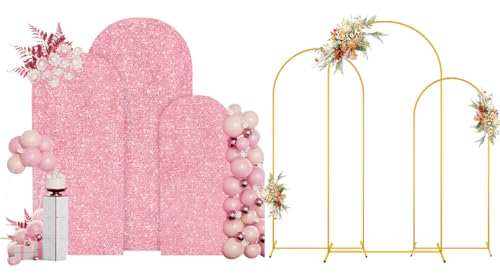 MODFUNS Metal Arch Backdrop Stand and Cover Set 6&6.6&7.2ft Pink Gold Sequins Arch Backdrop Covers Set of 3 Arched Stands Chiara Arches Cover for Party Banquet Wedding Ceremony Decor